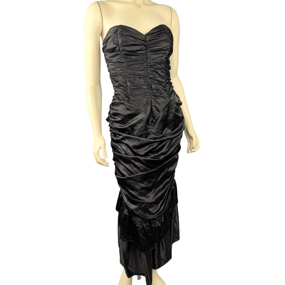VTG 80s Gunne Sax Strapless Black Dress Juniors 11 Ruched Satin Bow Back Maxi